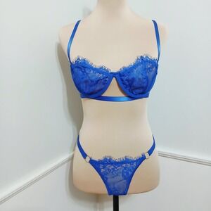 Sheer Lace Bra and Thong Set Royal Blue Strappy Lingerie Size L NWOT